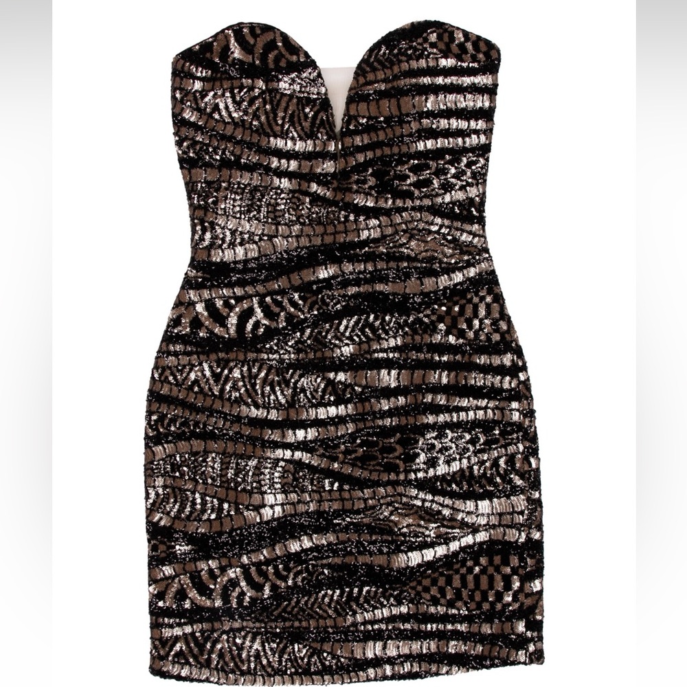 La Femme Strapless Sweetheart corset mini dress black and gold NEW